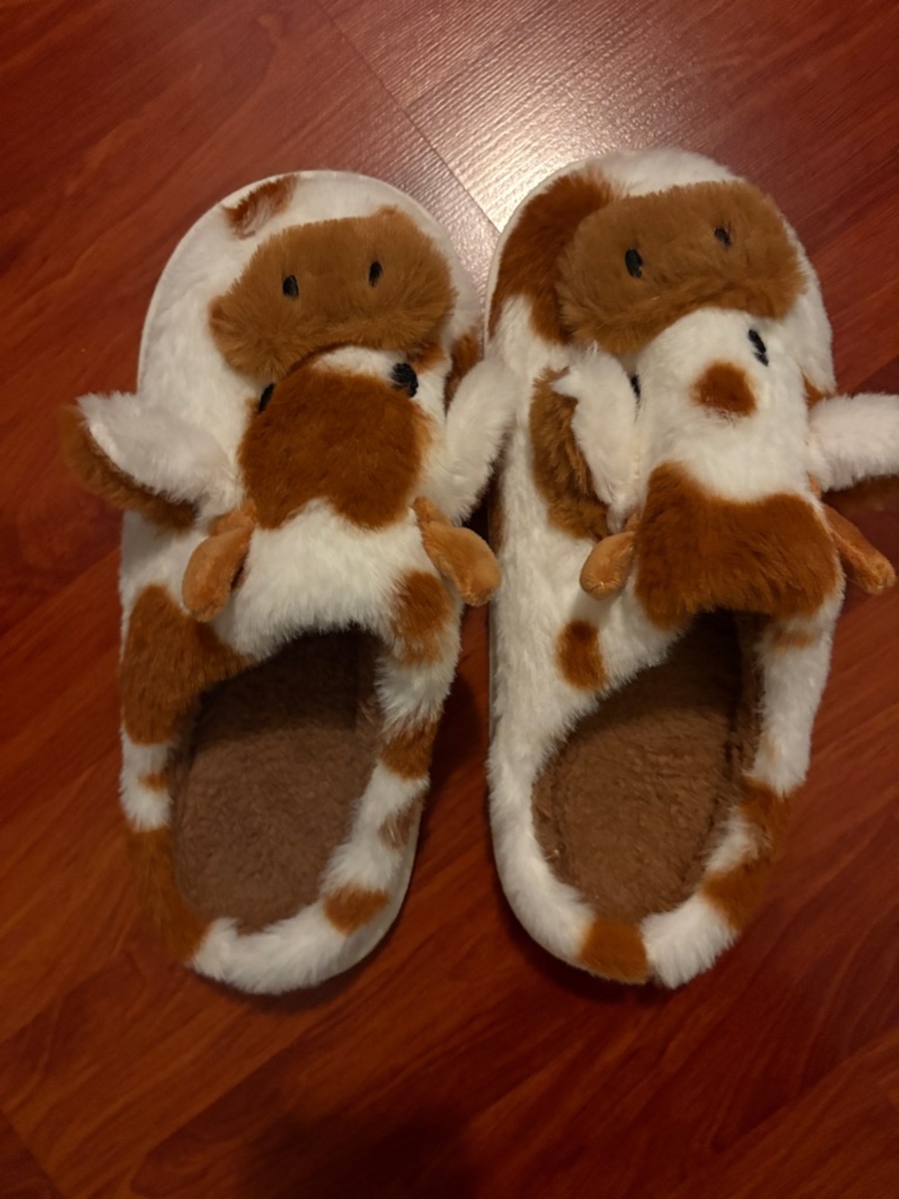 Cow Plush Slippers in White and Brown